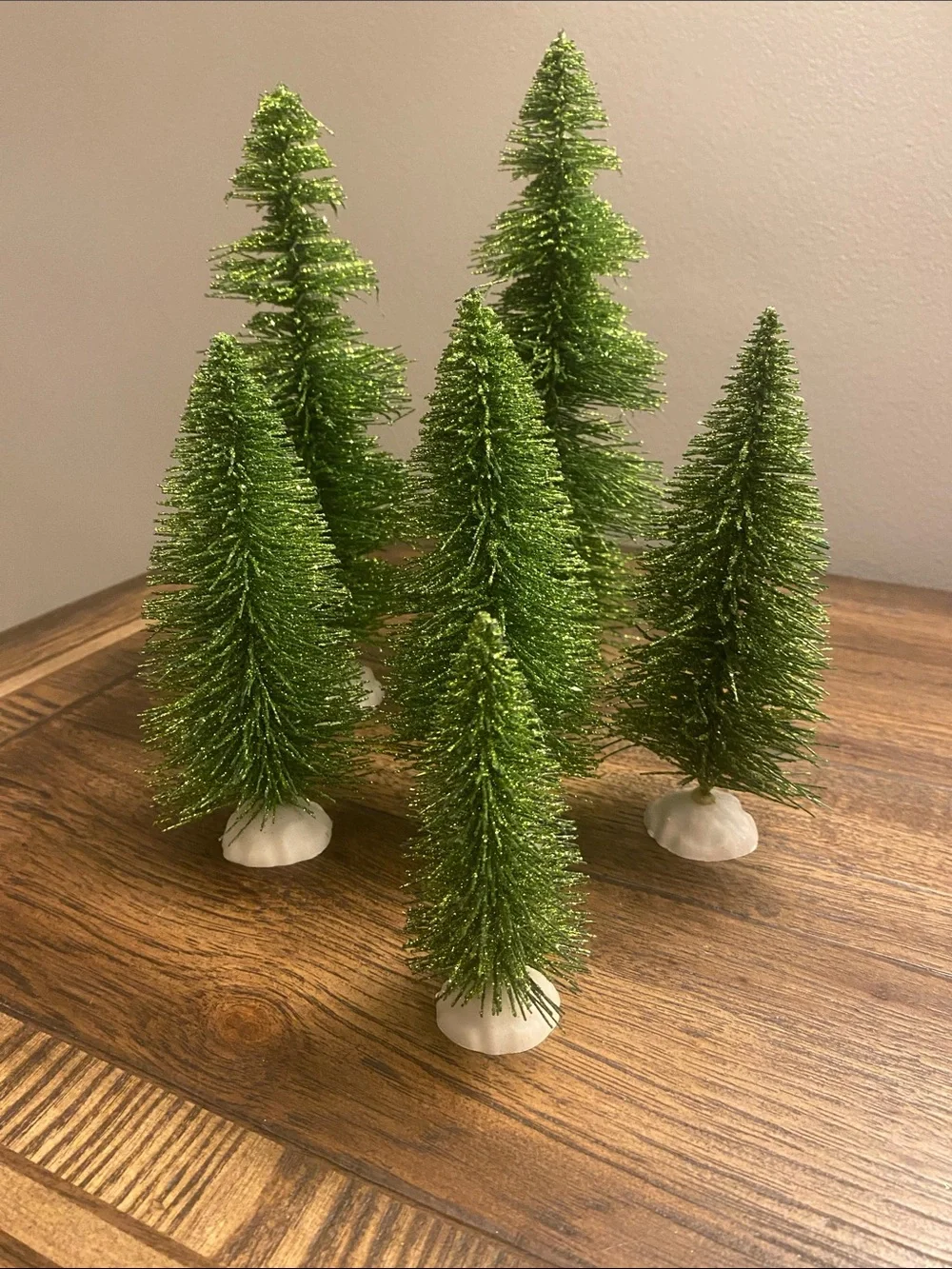 Bottle Brush Trees Set of 6 Green Sparkly EUC